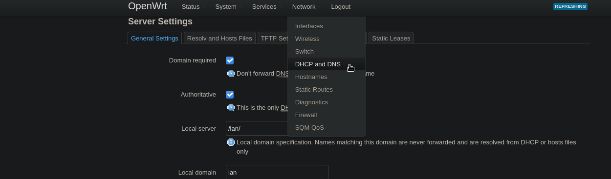 LuCI: Edit DHCP and DNS Settings